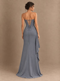 Black and White Strapless Ruched Prom Dress with High Slit & Side Drape