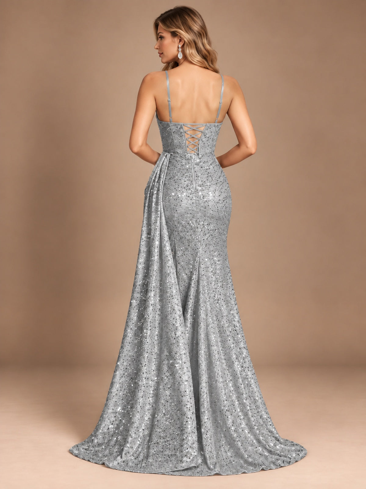 Burgundy Sequin Corset Prom Dress with High Slit