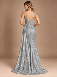 Burgundy Sequin Corset Prom Dress with High Slit