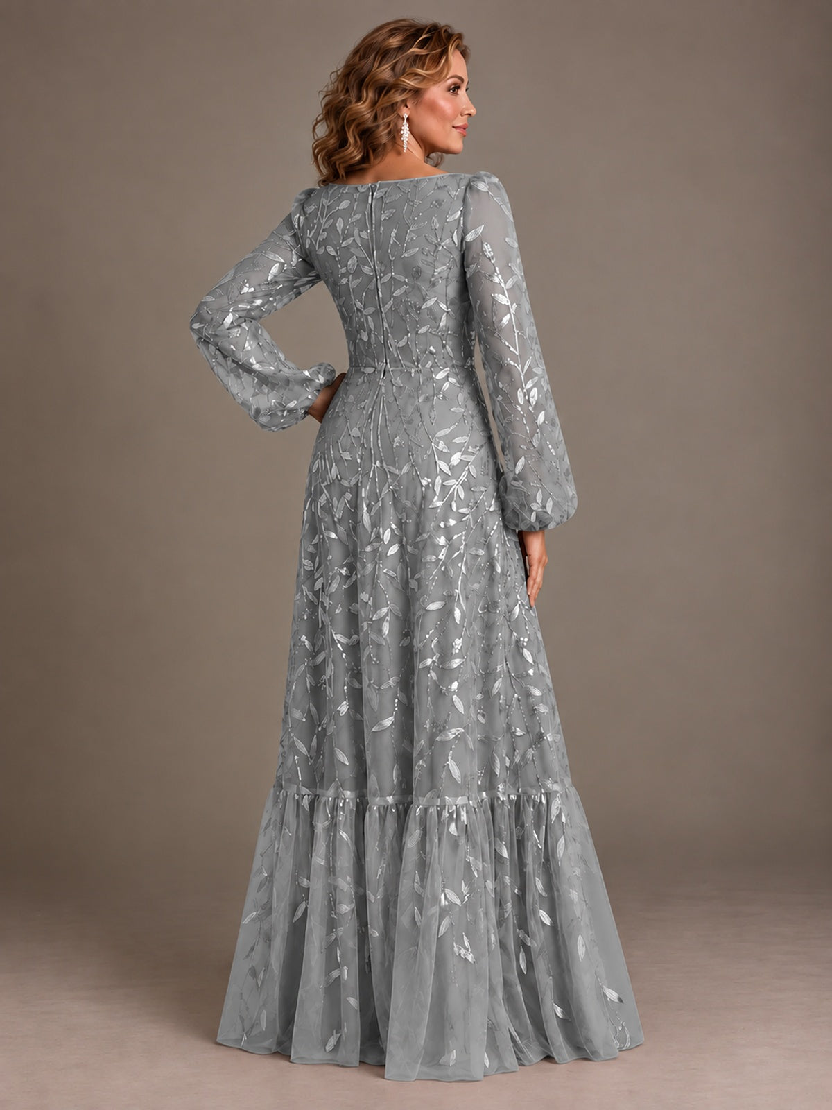 Floral Sequin Embroidered A-Line Mother of the Bride Dress with Long Sleeves