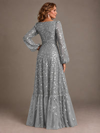 Floral Sequin Embroidered A-Line Mother of the Bride Dress with Long Sleeves