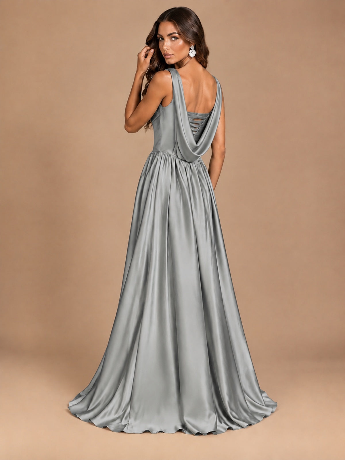 Cowl Neck Pleated Satin Prom Dress with Pockets & Slit Maxi Formal Gowns