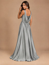 Cowl Neck Pleated Satin Prom Dress with Pockets & Slit Maxi Formal Gowns