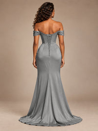 Burgundy Off-the-Shoulder Satin Corset Prom Dress with Slit
