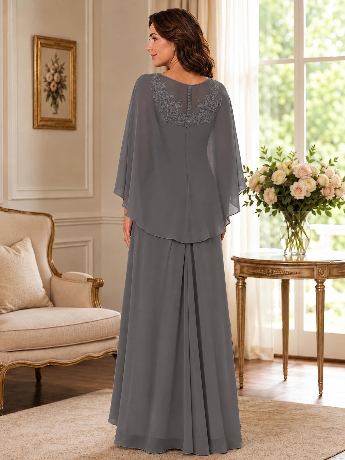 Elegant Chiffon Mother of the Bride Dress with Lace Applique and Cape Sleeves