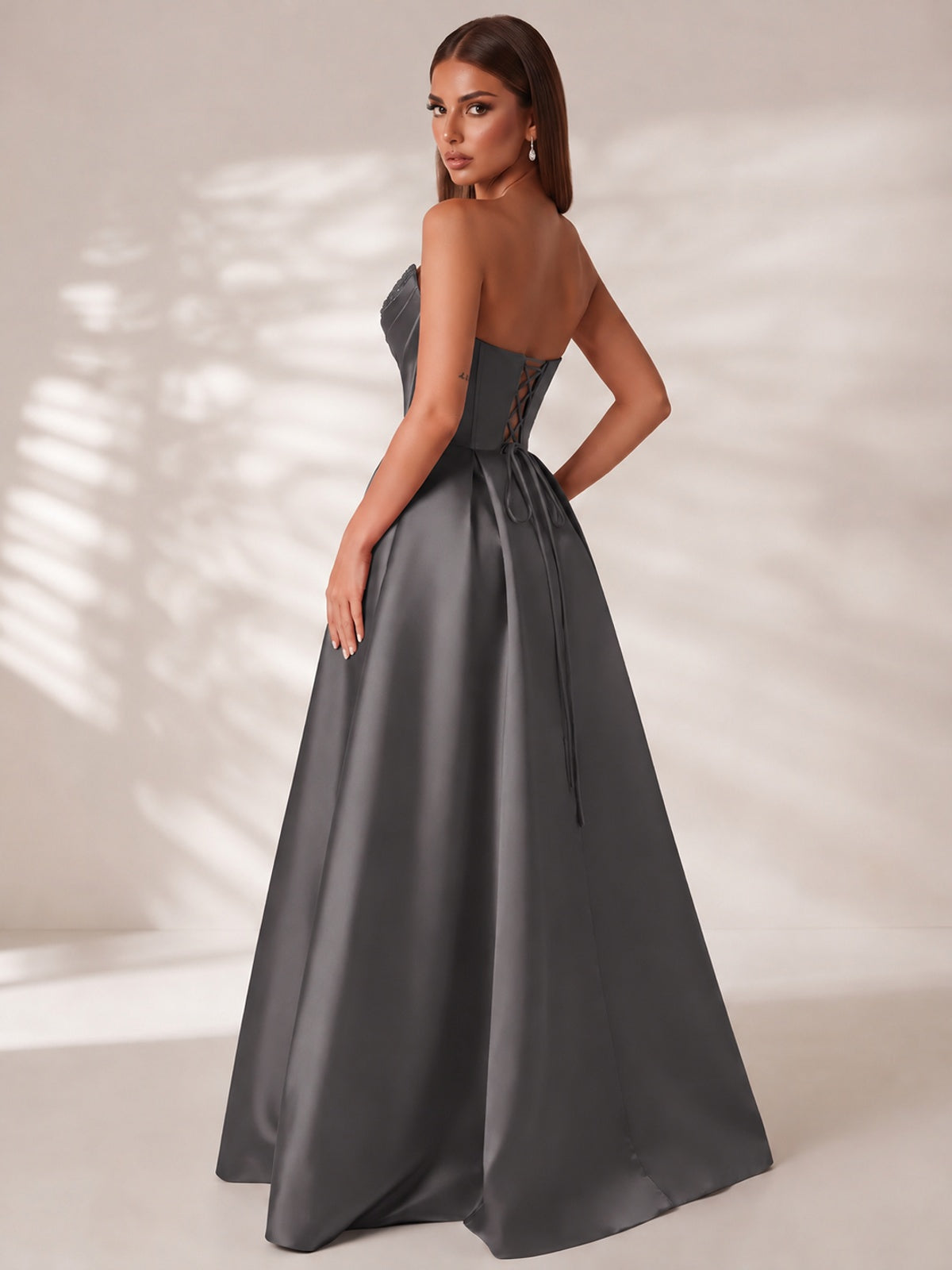 Strapless Corset Satin Prom Dress Long Evening Gown with High Slit