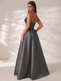 Strapless Corset Satin Prom Dress Long Evening Gown with High Slit