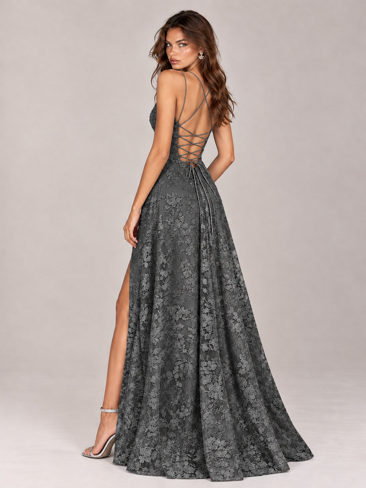 Floral Lace A-Line Prom Dress with Spaghetti Straps & High Slit