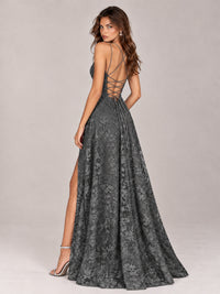 Floral Lace A-Line Prom Dress with Spaghetti Straps & High Slit