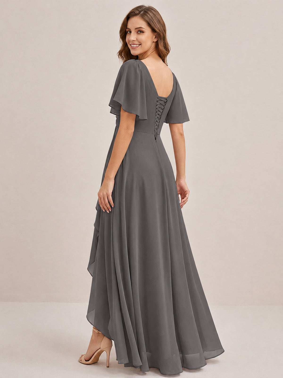 Dusty Blue Chiffon Bridesmaid Dress with Flutter Sleeves & High-Low Hem