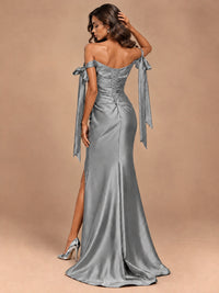 Off The Shuolder Satin Prom Dress Slit Mermaid Formal Gowns