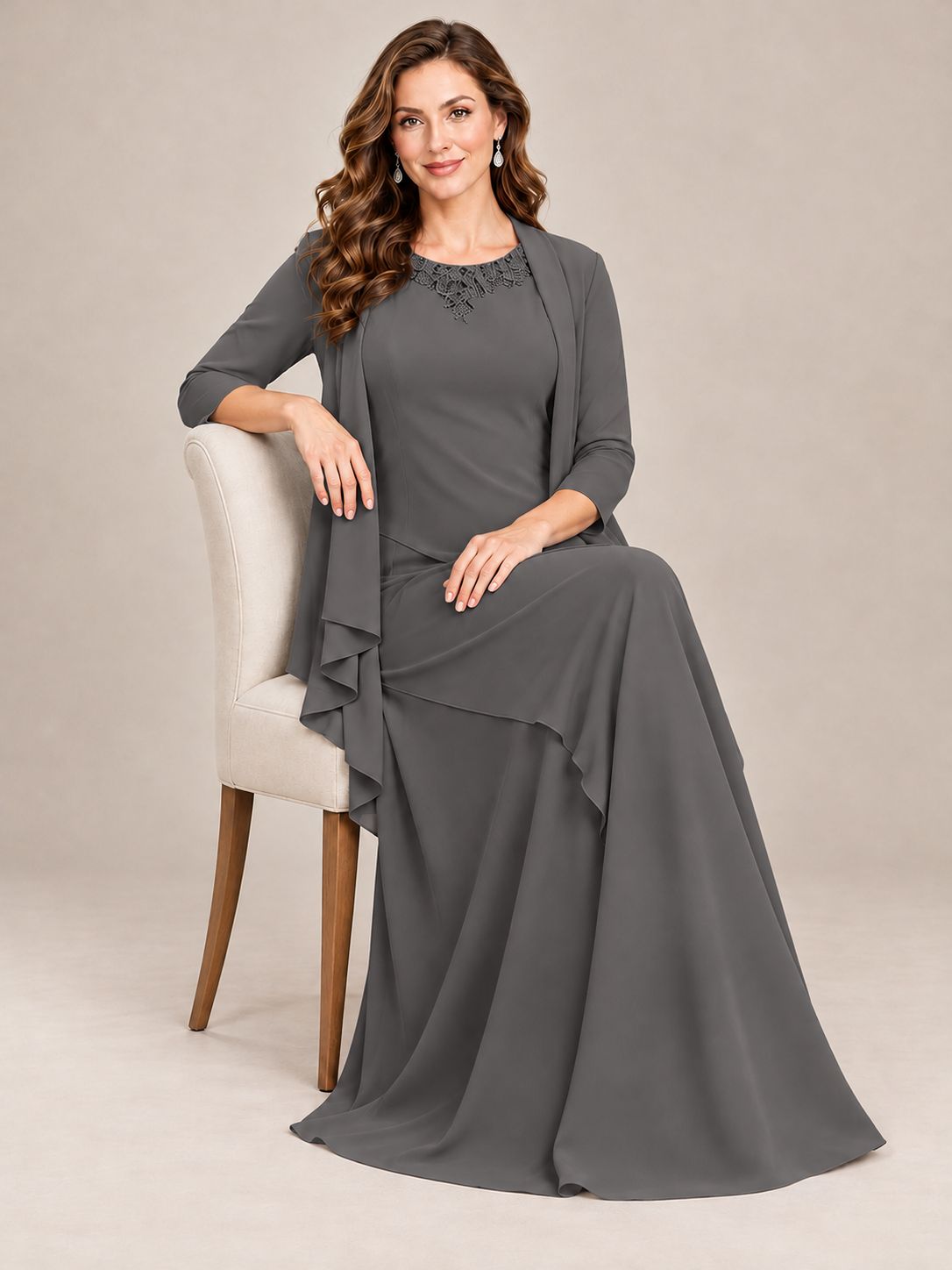Dusty Blue Two-Piece Chiffon Mother of the Bride Dress with Jacket