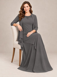 Dusty Blue Two-Piece Chiffon Mother of the Bride Dress with Jacket