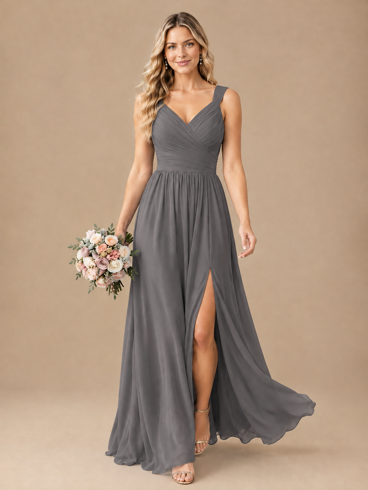 Pleated Chiffon V Neck Wedding Bridesmaid Dresses Floor Length with Slit