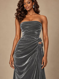 Burgundy Velvet Strapless Ruched Prom Dress with Jeweled Side Drape