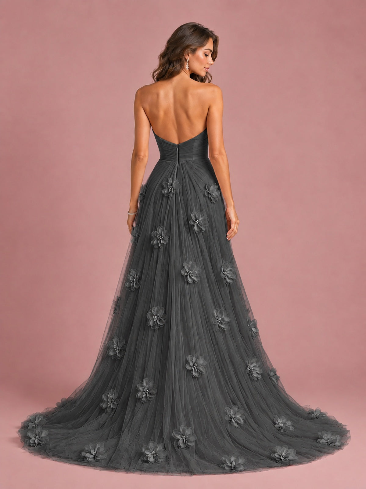3D Floral Applique Strapless Tulle Prom Dress with High Slit