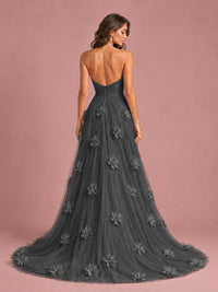 3D Floral Applique Strapless Tulle Prom Dress with High Slit