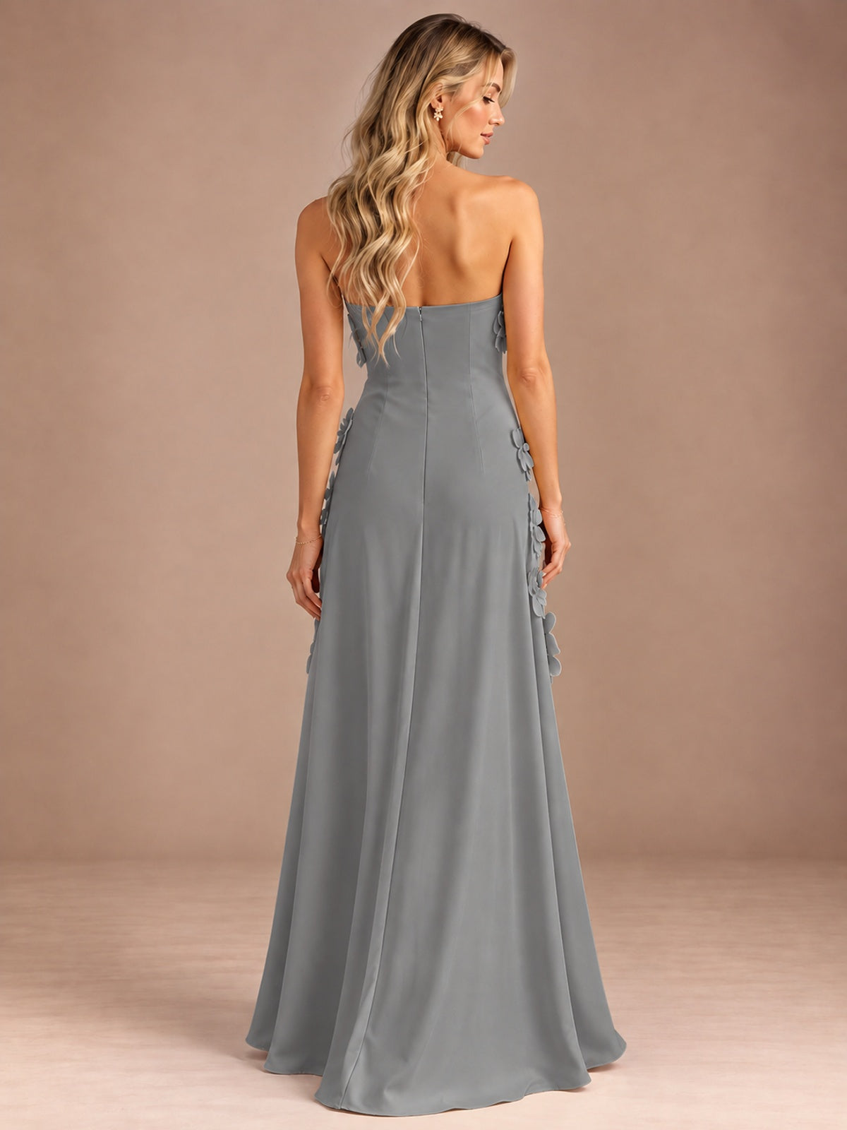 Yellow Strapless A-line Satin Maxi Dress with 3D Floral