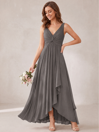 V-Neck High-Low Chiffon Bridesmaid Dress with Ruffles