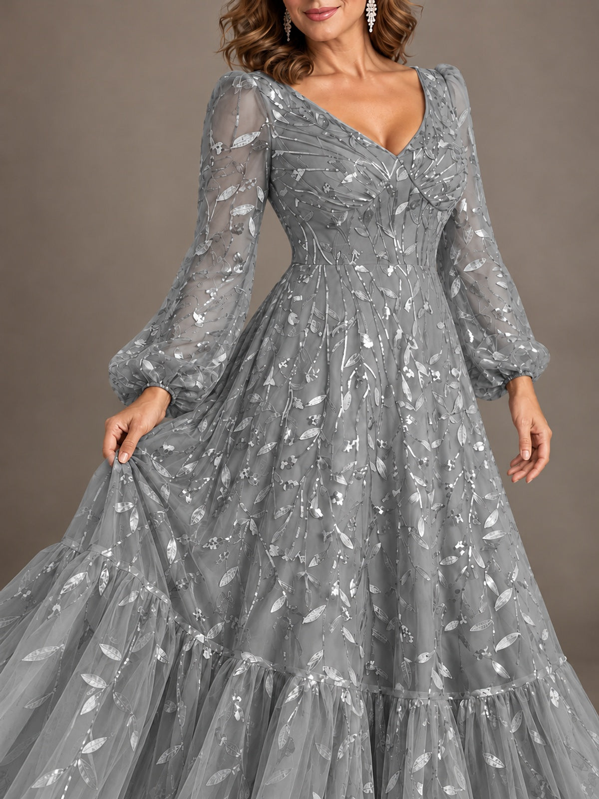 Floral Sequin Embroidered A-Line Mother of the Bride Dress with Long Sleeves