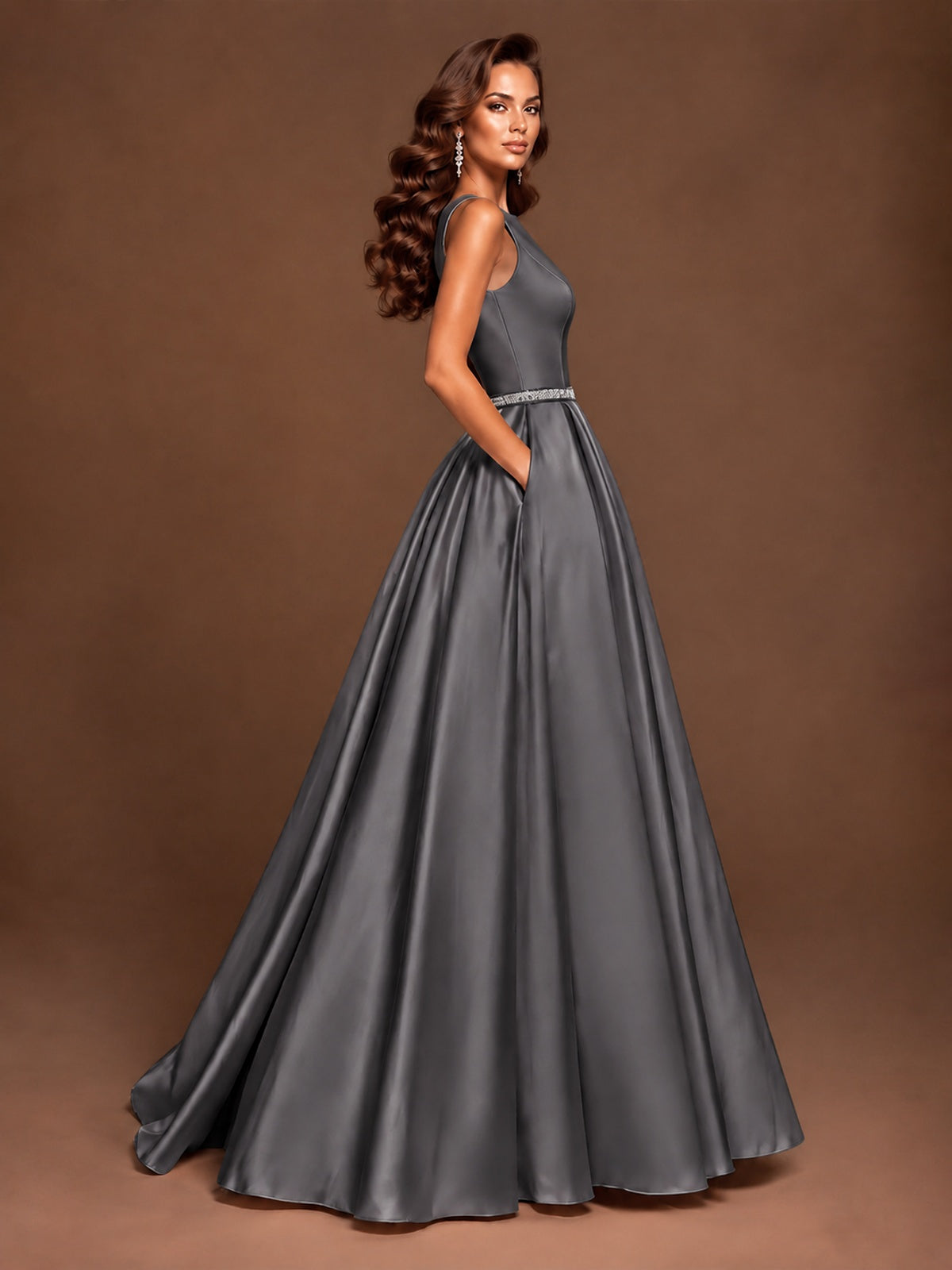 Satin A-Line Prom Dress Sleeveless Beaded Waist Formal Gown with Pockets