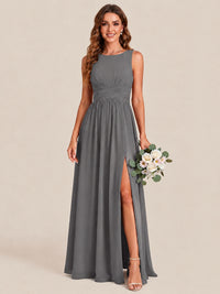 A-line Sleeveless Rucehd Chiffon Bridesmaid Dress with High Slit