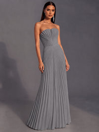Strapless A-line Long Pleated Satin Prom Dress