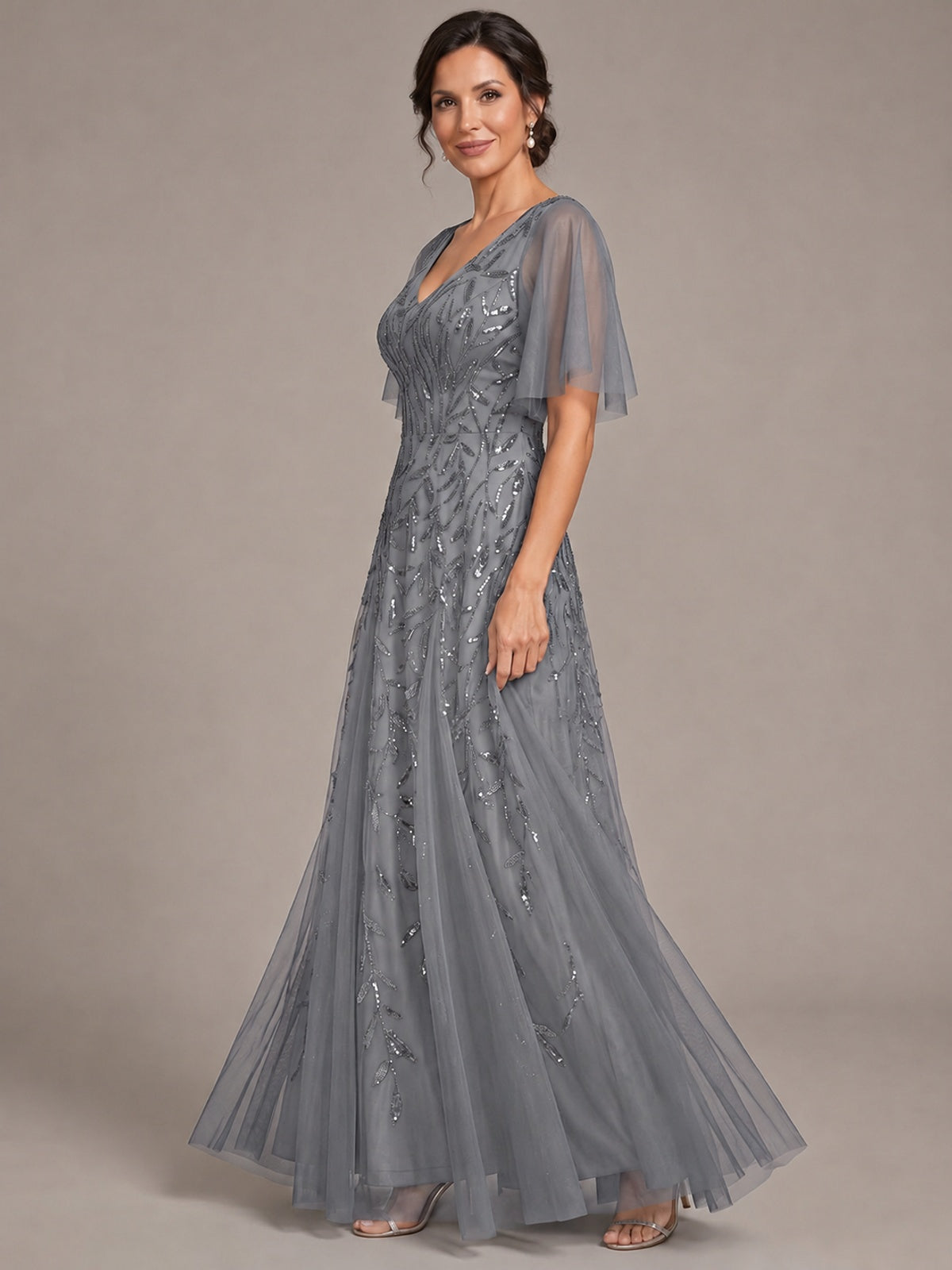 V-Neck Sequin Tulle Mother of the Bride Dress with Flutter Sleeve