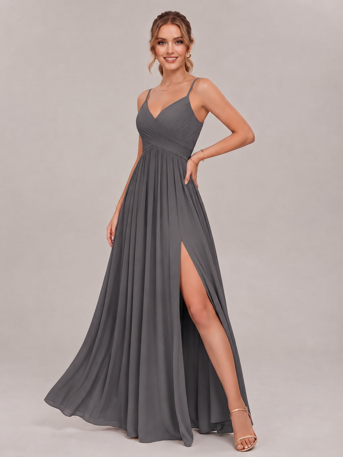 V-Neck Pleated Chiffon Long Bridesmaid Dress with Slit