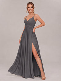 V-Neck Pleated Chiffon Long Bridesmaid Dress with Slit