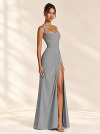 Square Neck Satin Sleeveless Ruched Prom Dress with High Slit