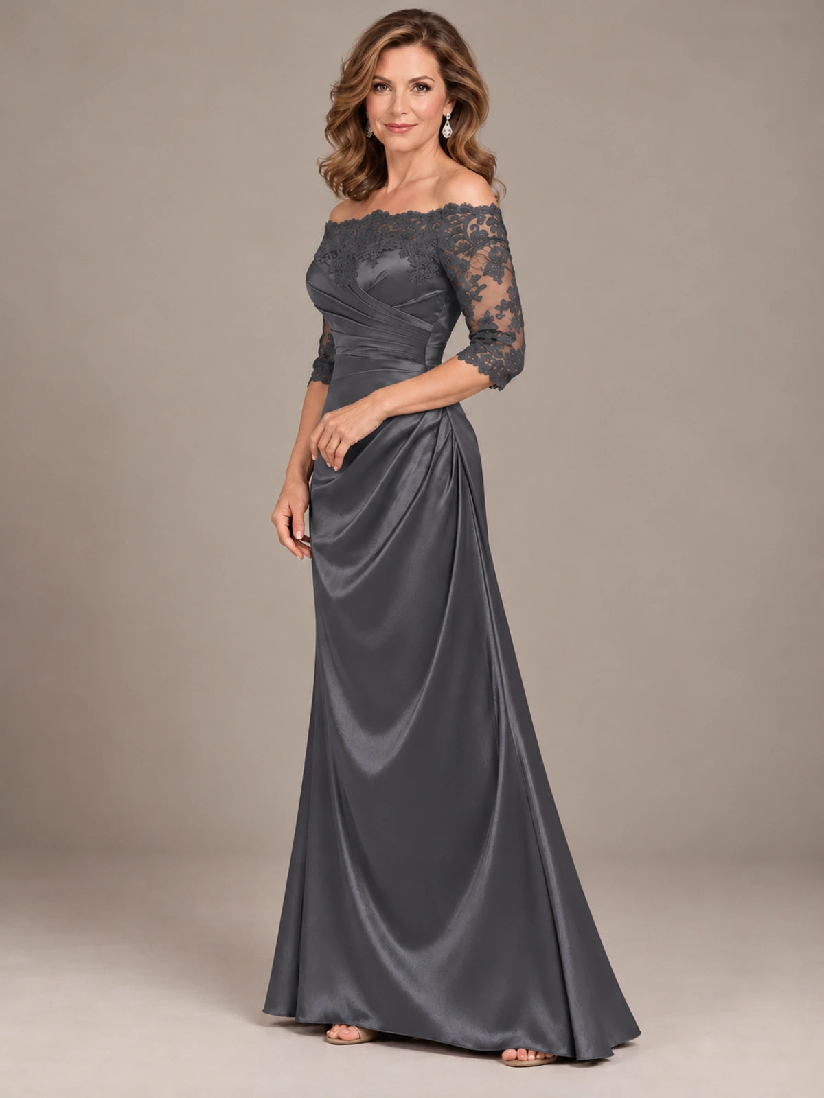 Satin Mother of the Bride Dress with Lace Sleeves Off Shoulder Formal Gown
