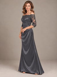 Satin Mother of the Bride Dress with Lace Sleeves Off Shoulder Formal Gown