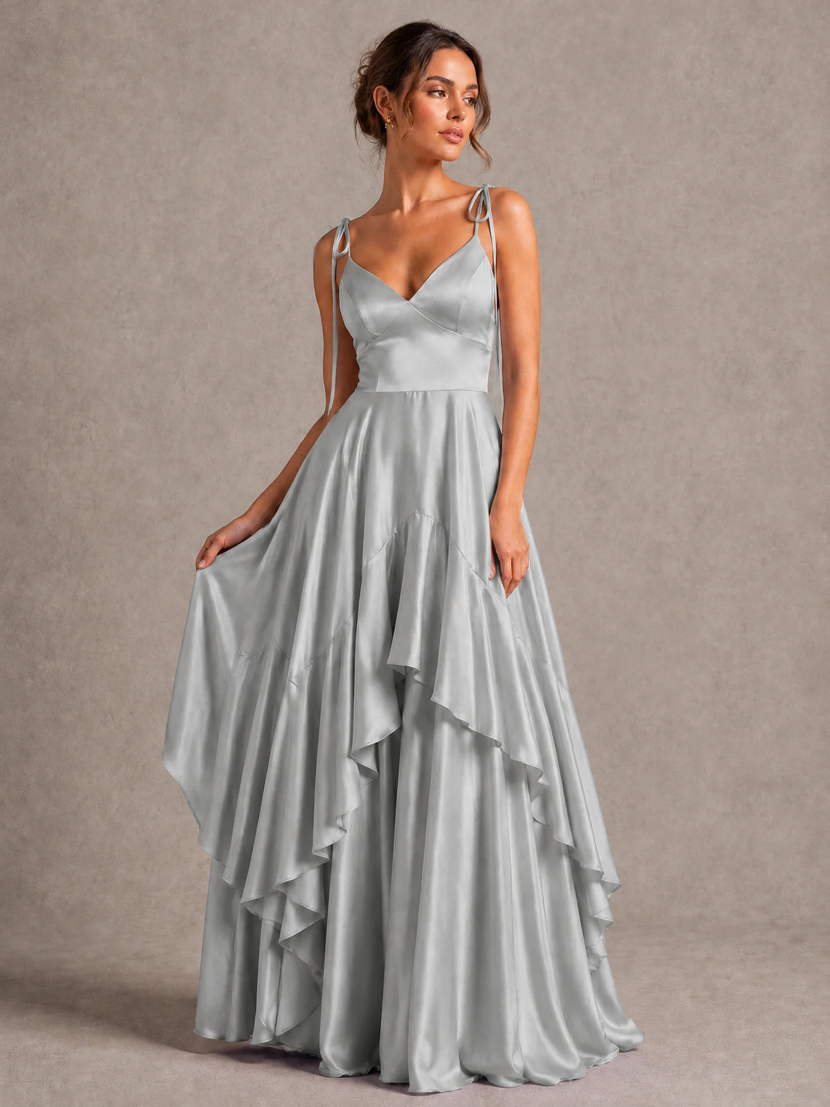 Lavender Satin V-Neck Ruffle Maxi Dress