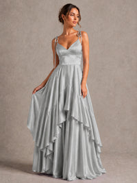 Lavender Satin V-Neck Ruffle Maxi Dress