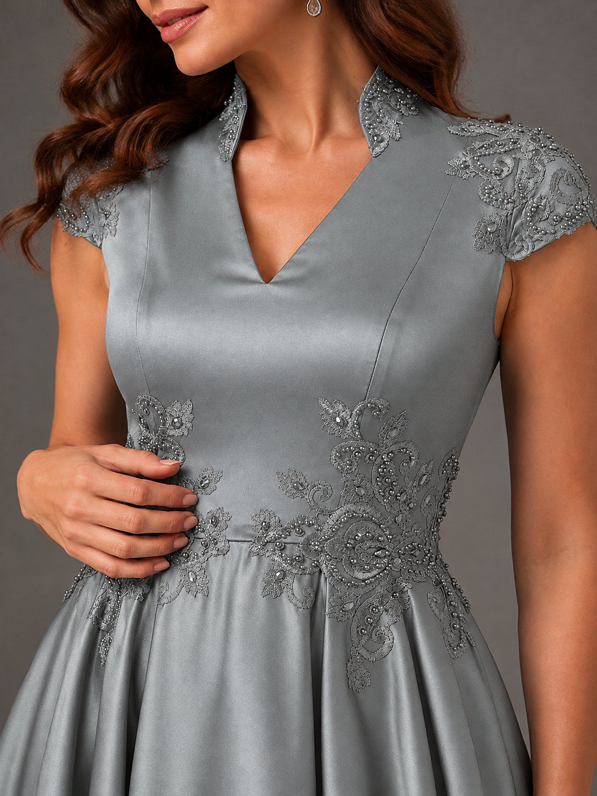Lace Appliqué A-Line Satin Maxi Dress