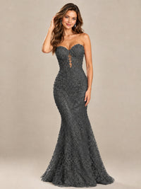 Strapless Corset Mermaid Prom Dress with Floral Lace Appliqué