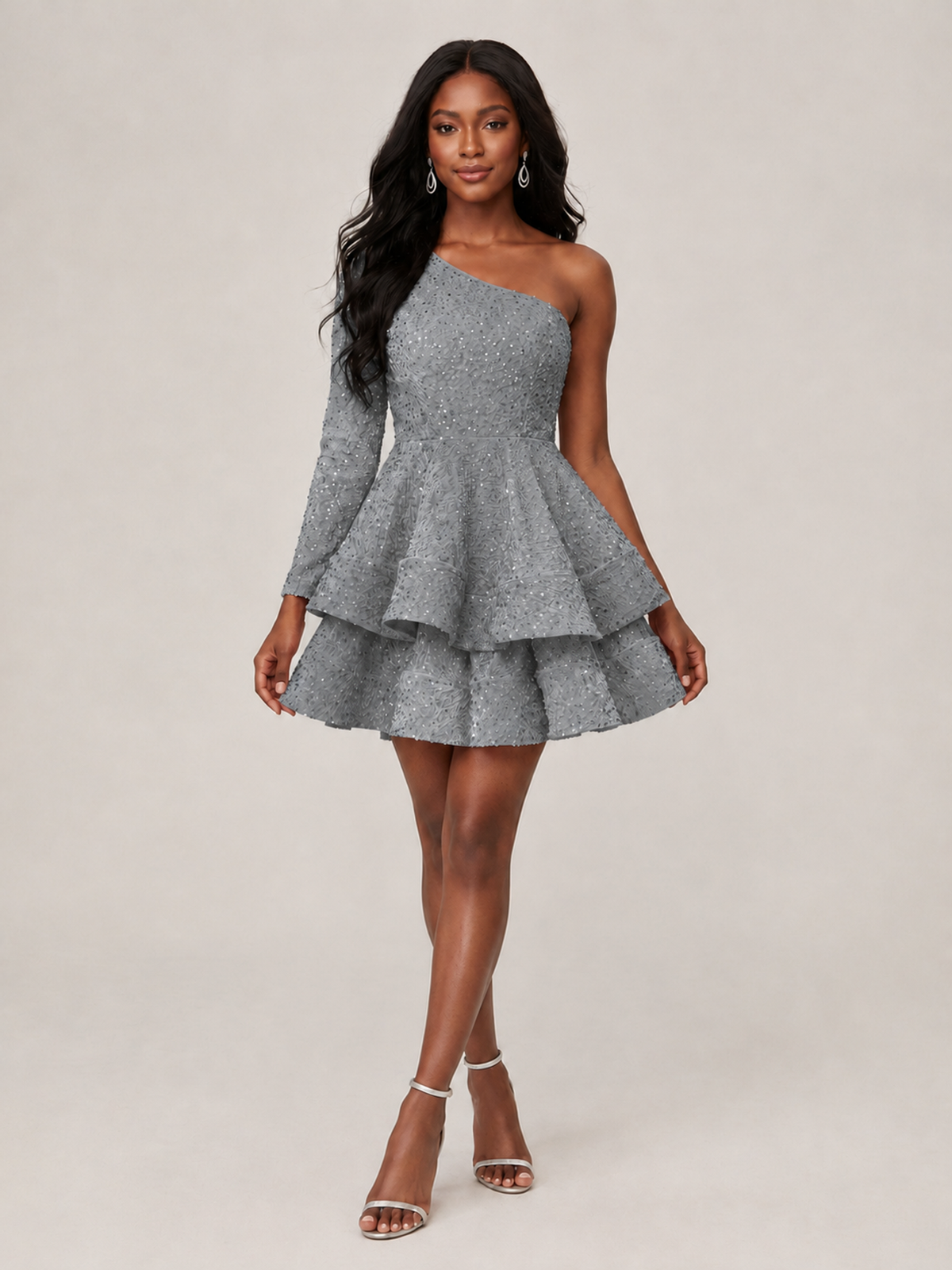 Puffy One Shoulder Sequin Tiered Mini Dress