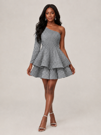 Puffy One Shoulder Sequin Tiered Mini Dress