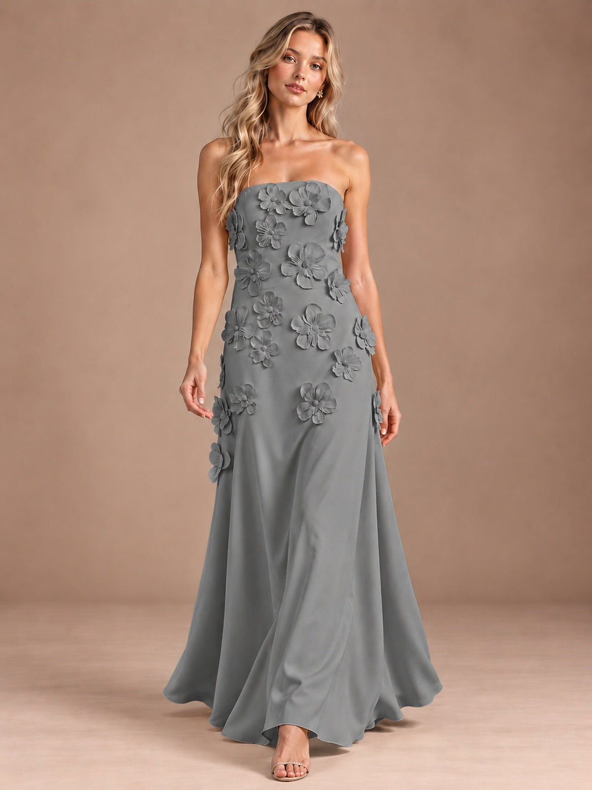 Yellow Strapless A-line Satin Maxi Dress with 3D Floral