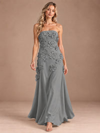 Yellow Strapless A-line Satin Maxi Dress with 3D Floral