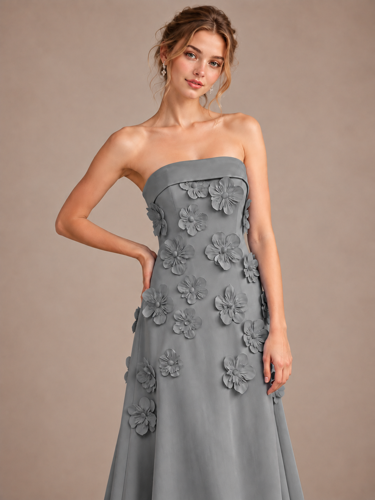 Yellow Strapless 3D Floral Appliques Maxi Dress