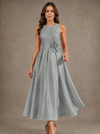 Tea-Length Satin Mother of the Bride Dress with 3D Flower Detail