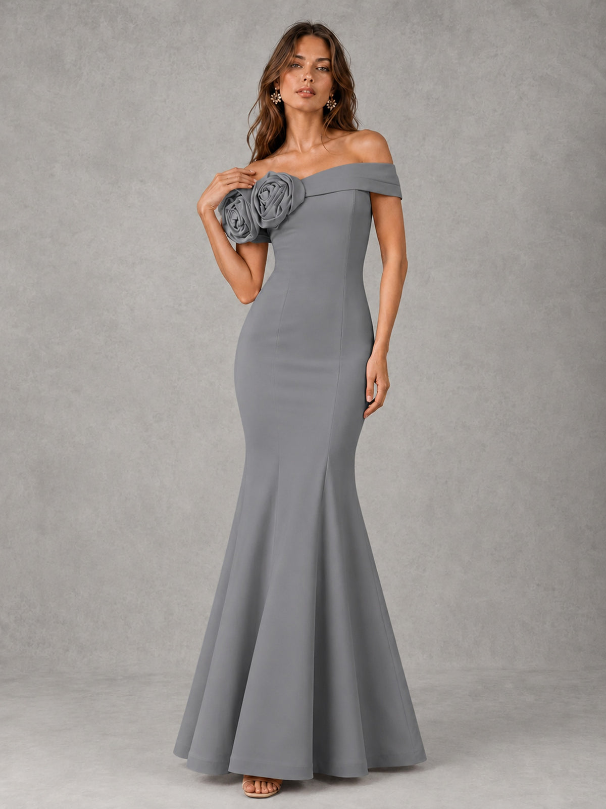 Blush Pink Off Shoulder Mermaid Bridesmaid Dress with Floral Rosette