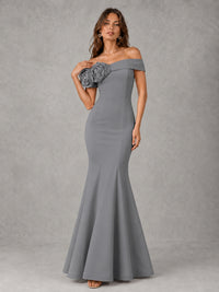 Blush Pink Off Shoulder Mermaid Bridesmaid Dress with Floral Rosette