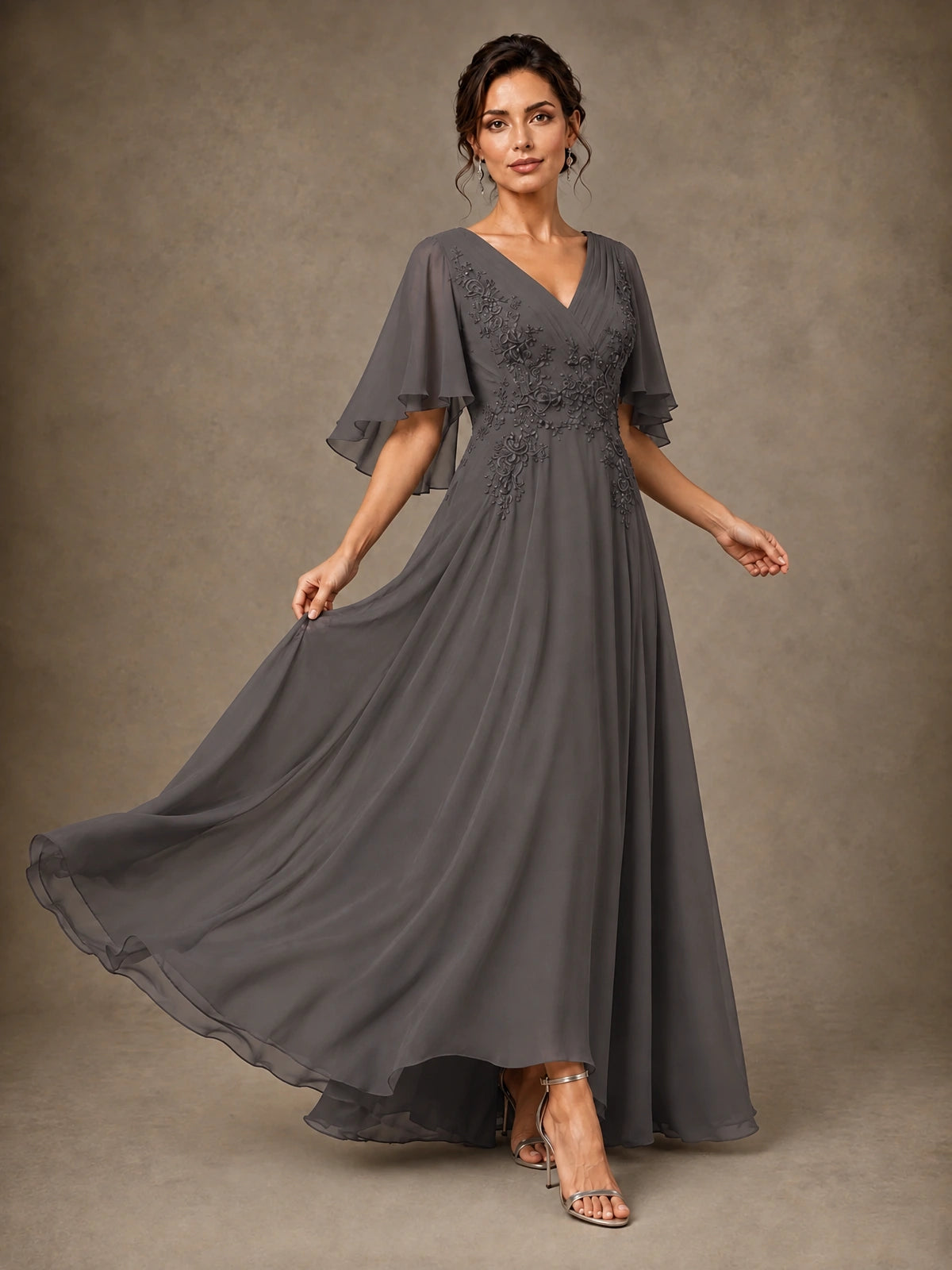 V-Neck Chiffon Lace Mother of the Bride Dress with Flutter Sleeves