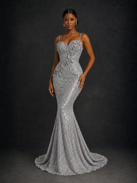 Sequin Mermaid Prom Dress with Floral Applique