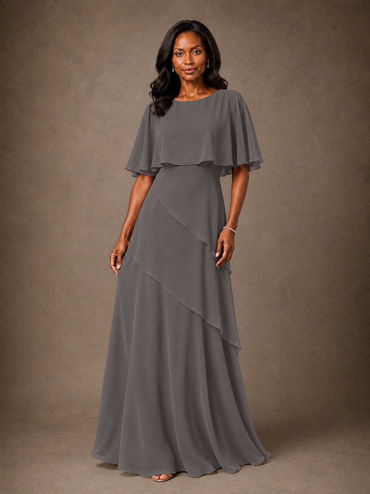 Taupe Chiffon A-Line Mother of the Bride Dress with Cape Sleeves
