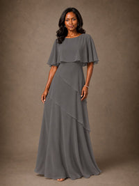 Taupe Chiffon A-Line Mother of the Bride Dress with Cape Sleeves