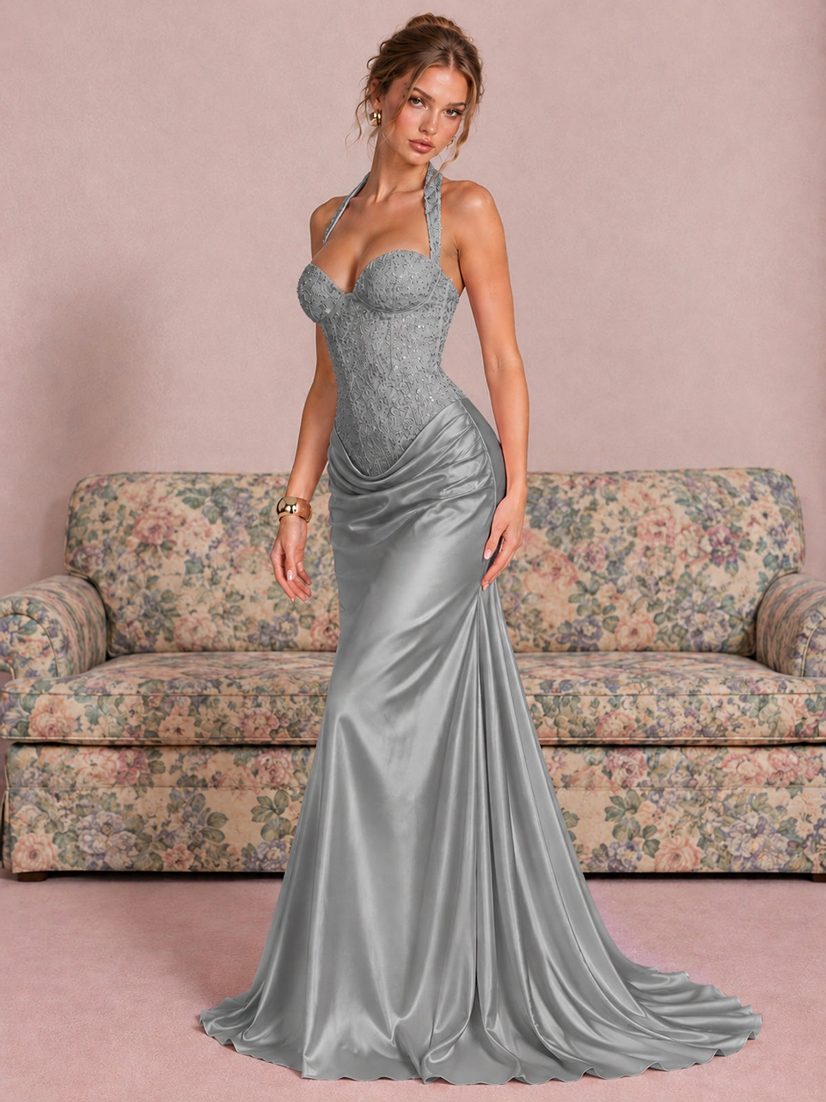 Sparkling Halter Corset Satin Mermaid Prom Dress